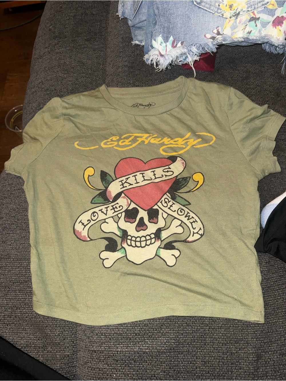 Ed Hardy  Olive Skull & Heart Graphic Tee